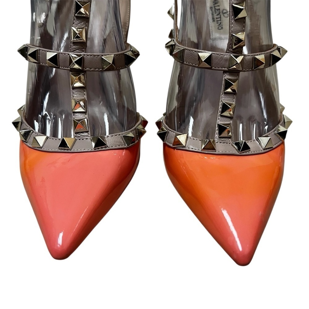 Valentino 6 Calfskin Nappa Rockstud T-Strap Patent Orange Poudre Pumps Heels - Picture 3 of 16